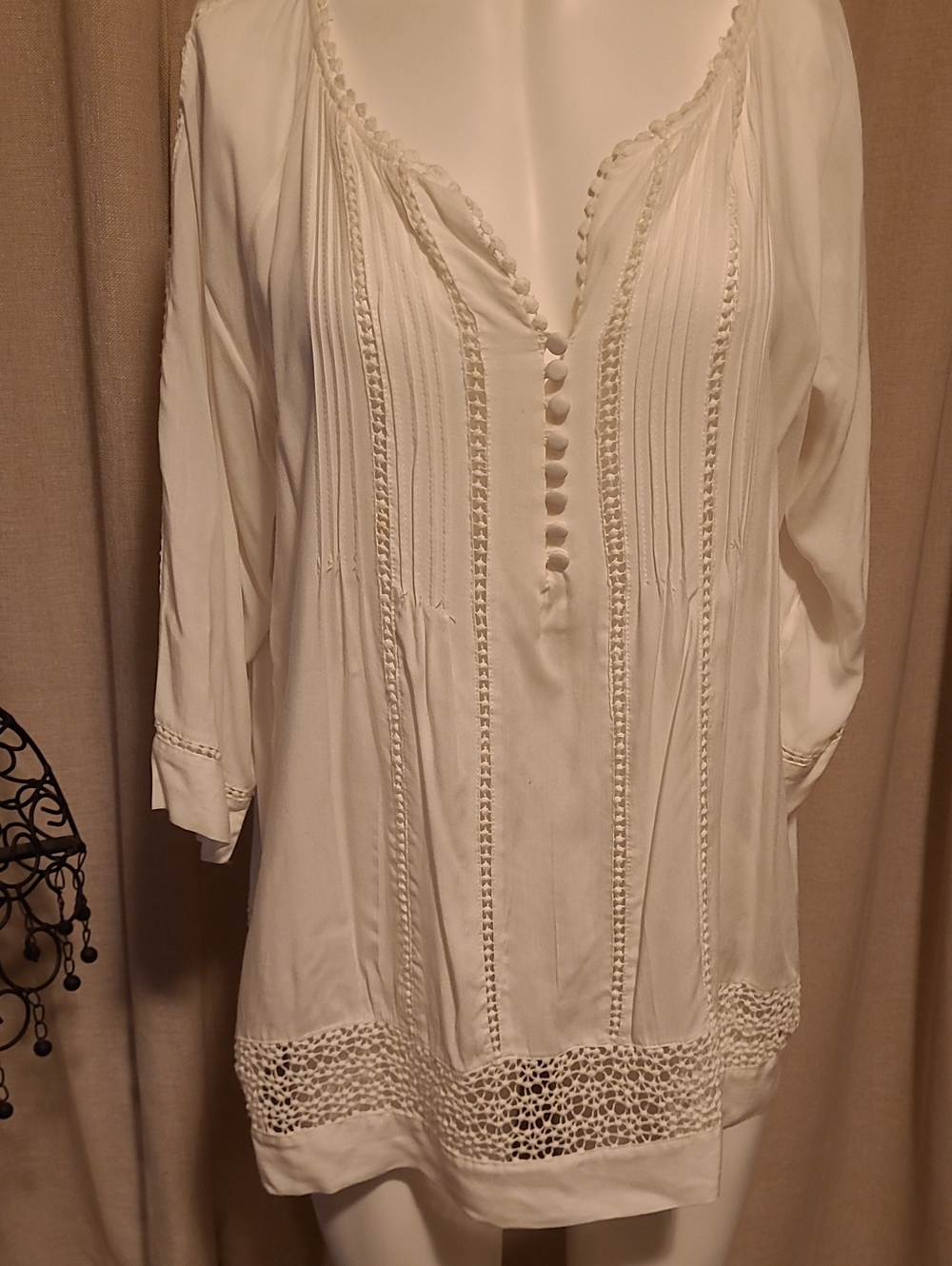 Solitaire Cream Button-Detail Boho Tunic